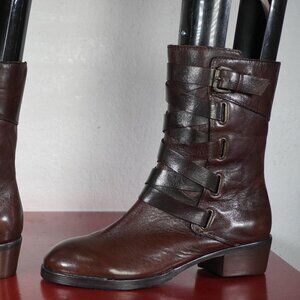 Women's Faryl Robin Brown Leather Ankle High Fashion Straps Boots Booties 7.5
